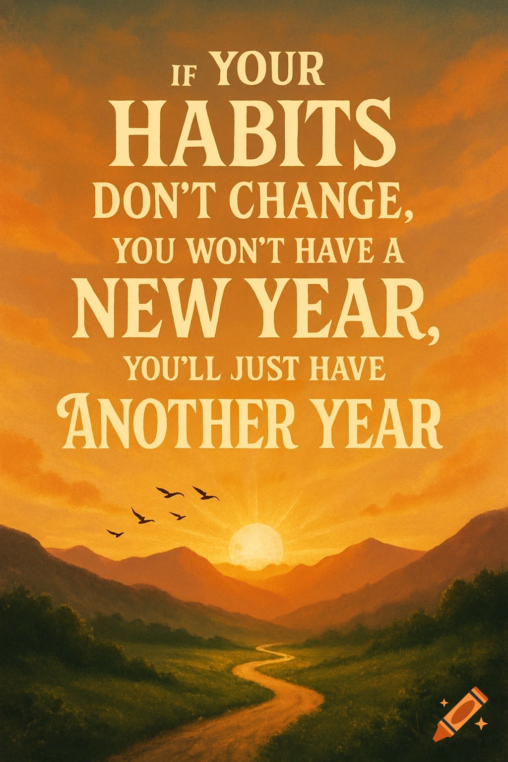 Motivational poster with a quote over a vibrant sunset landscape showing mountains, a winding path, and flying birds.