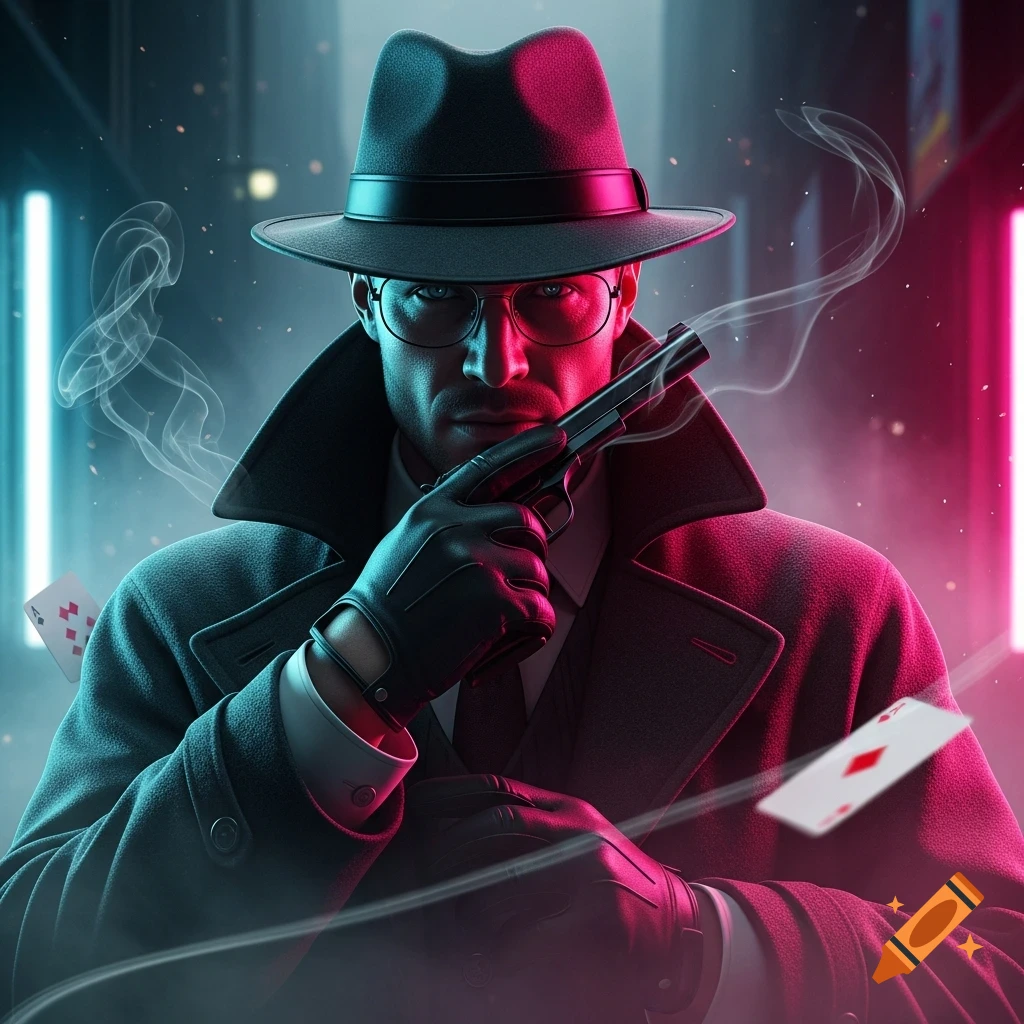 A man in a fedora and trench coat holds a pistol, illuminated by red and blue neon lights with playing cards and smoke in a cinematic crime thriller style.