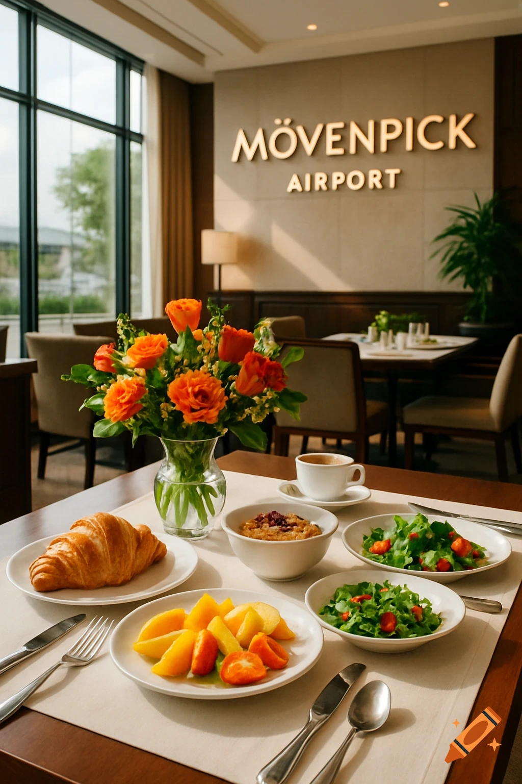 A photorealistic image of a breakfast table with a croissant, fruit, salads, and coffee, with "MÖVENPICK AIRPORT" text on a wall in the background.