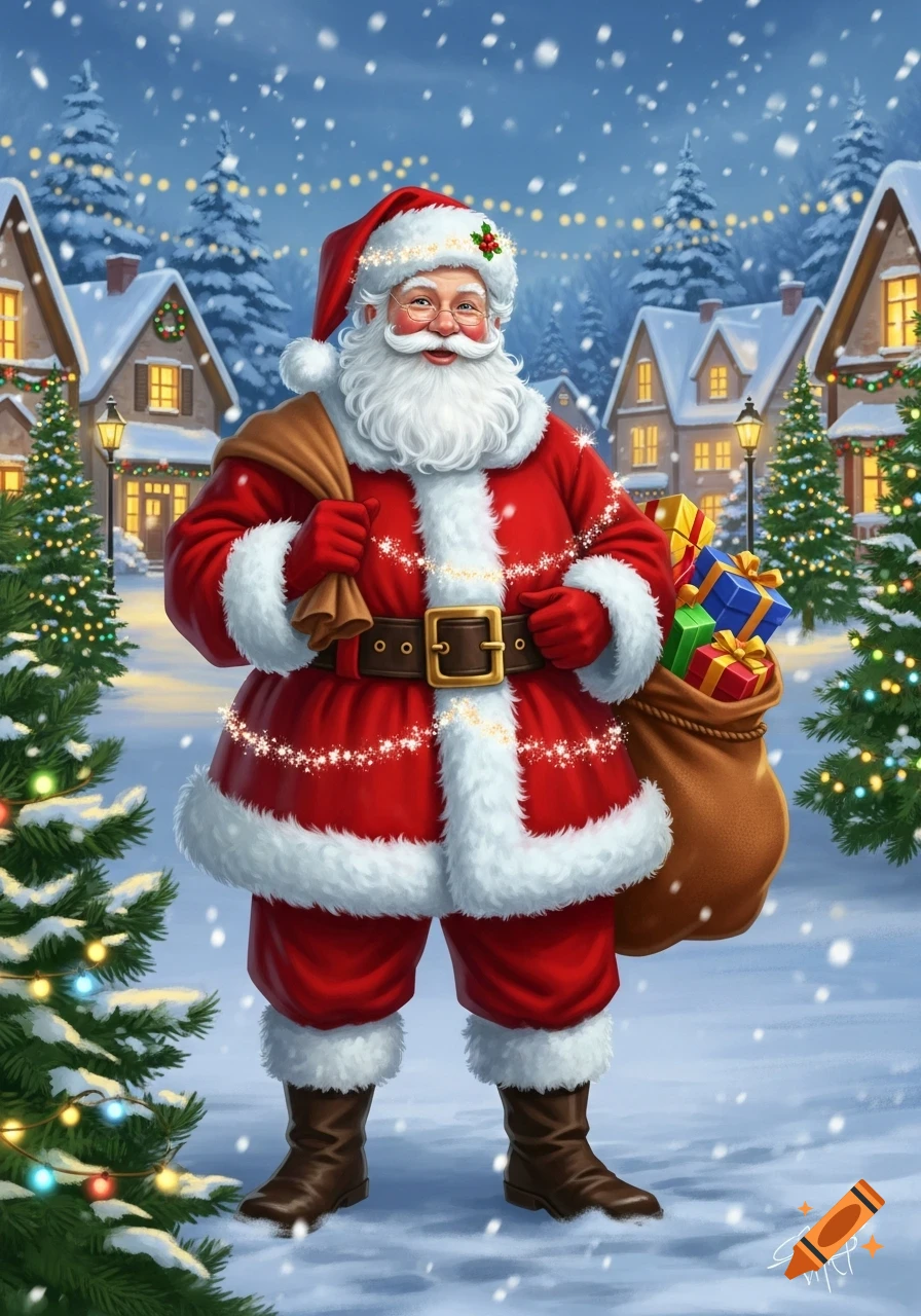 Smiling Santa Claus with a full white beard holds a brown sack of gifts in a snowy village scene with illuminated houses and decorated Christmas trees at night.