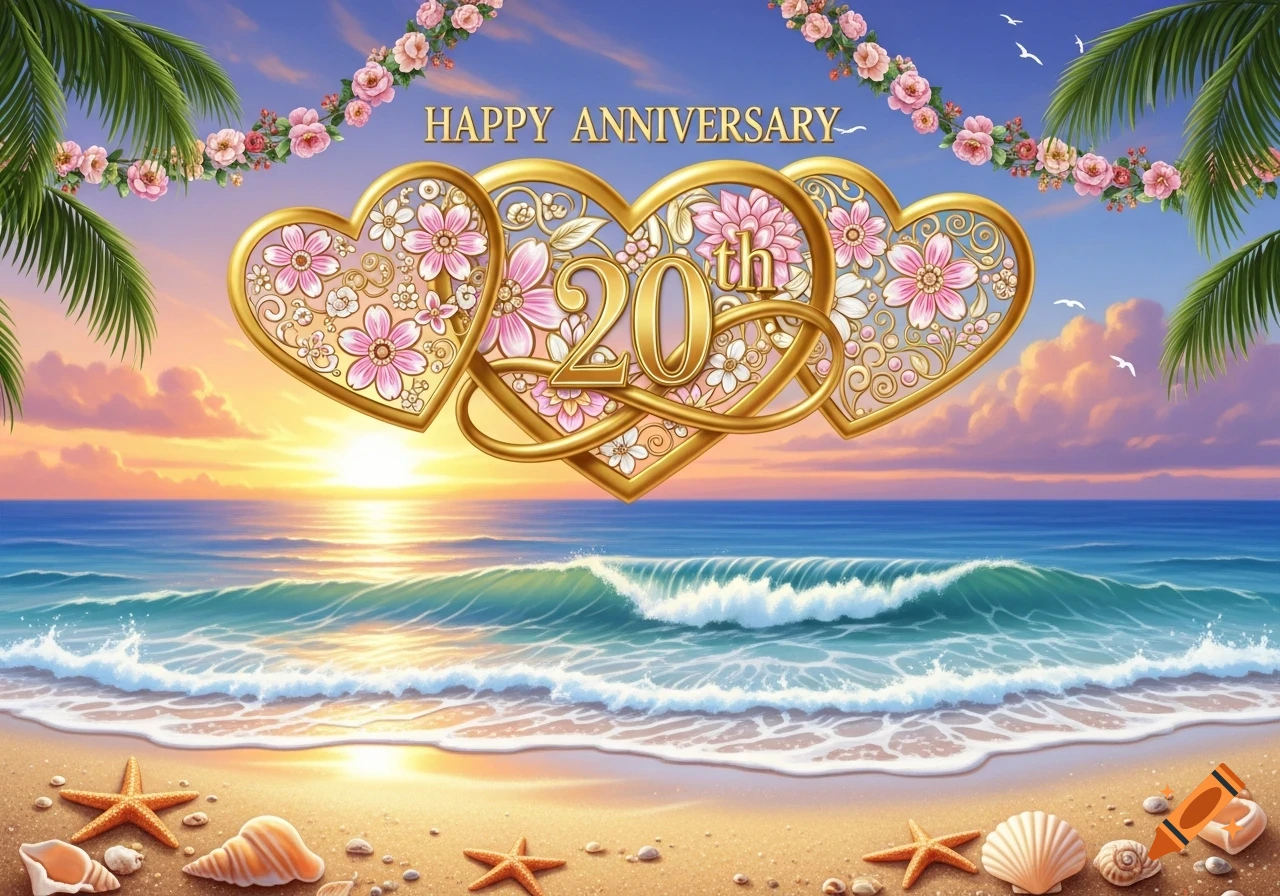 Vibrant illustration of a beach at sunset with 'HAPPY ANNIVERSARY' and '20th' on floral hearts, framed by palm leaves.