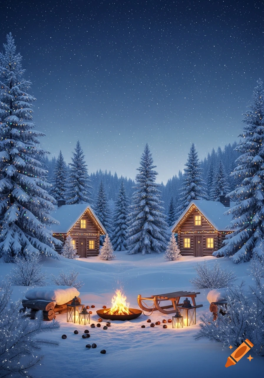 Snowy winter night with two log cabins, illuminated trees, and a bonfire with lanterns and a sled in the foreground.