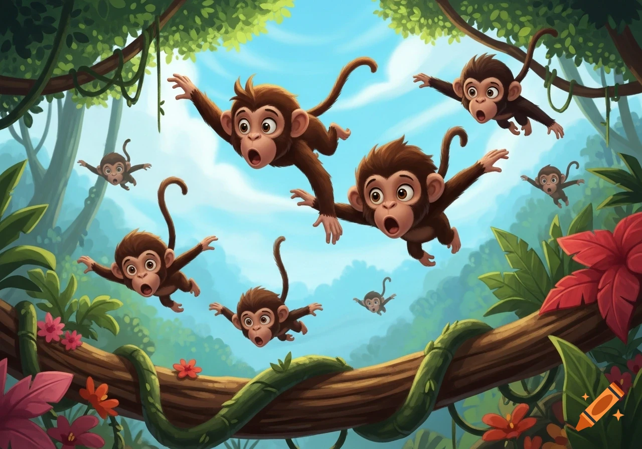 Multiple cartoon monkeys with wide-open mouths leap and fall through a vibrant jungle canopy, surrounded by green leaves and colorful flowers.