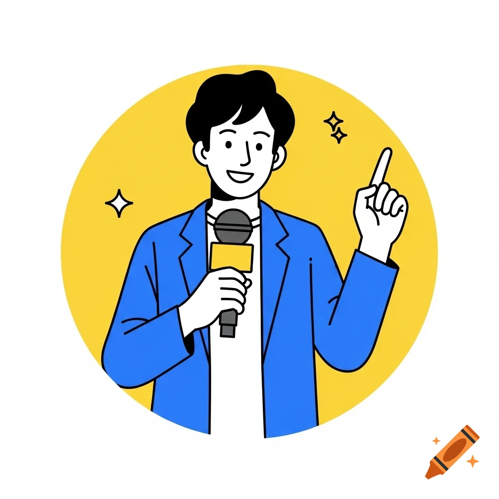 Minimalist illustration of a person holding a microphone and gesturing, smiling, against a yellow circle.