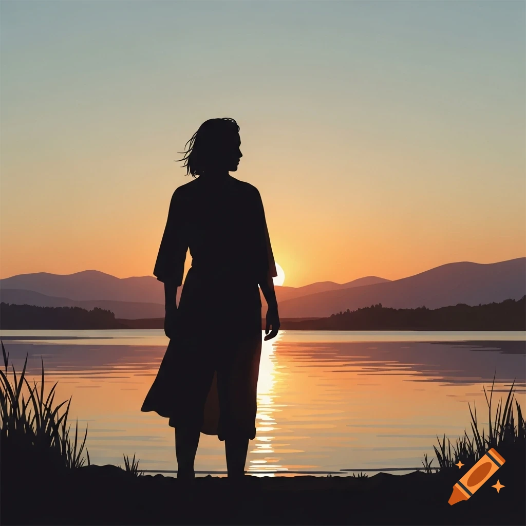 A stylized silhouette of a person stands by a calm lake with mountains in the background, under a vibrant sunset sky.