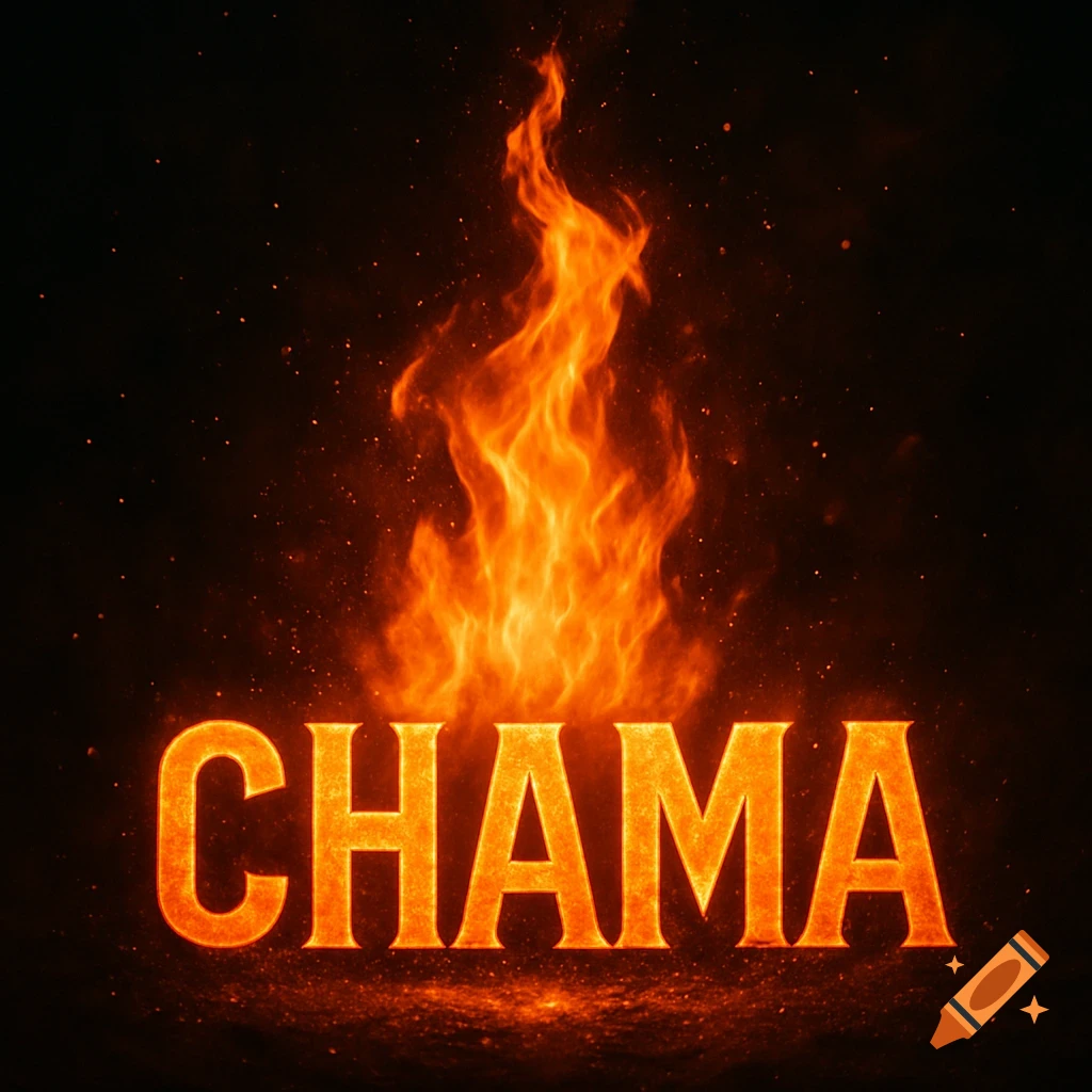 Fiery orange-red text spelling CHAMA with a large flame rising behind it and sparks on a dark background.