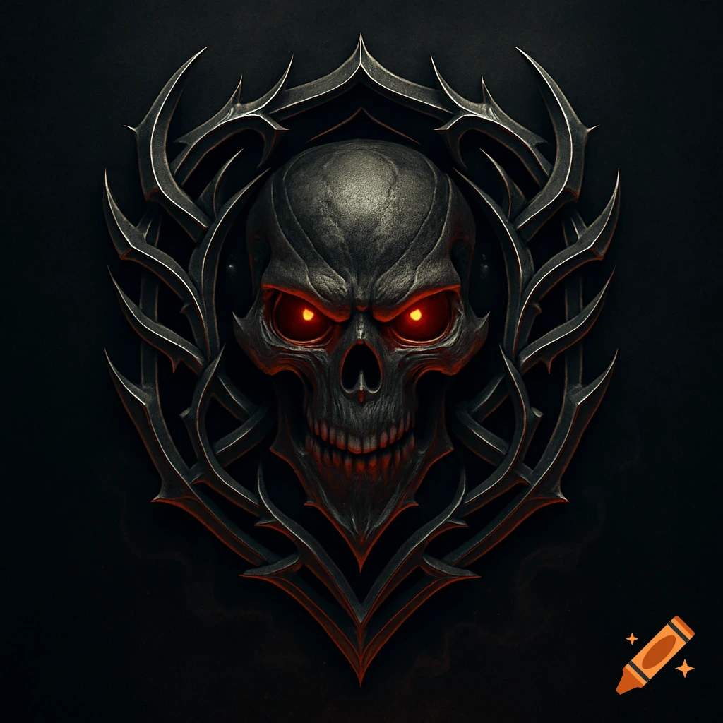 A menacing dark skull with glowing red eyes, framed by intricate, spiky metallic gothic patterns on a black background.