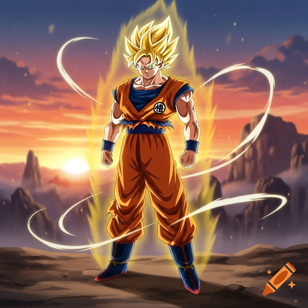 Goku in Super Saiyan form, glowing with golden energy, stands on rocky ground against a vibrant sunset and mountains in anime style.