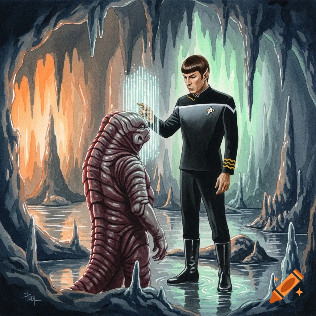 Watercolor painting of Mr. Spock mindmelding with a Horta in an eerie, luminous cavern.