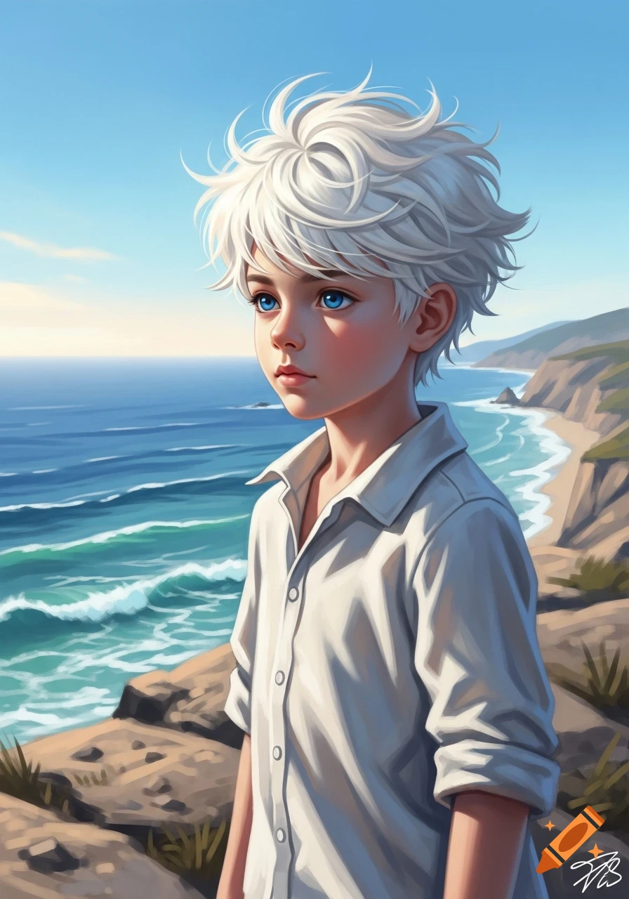 Anime-style portrait of a white-haired boy with blue eyes in a white shirt, gazing at a sunny ocean from a rocky coast.