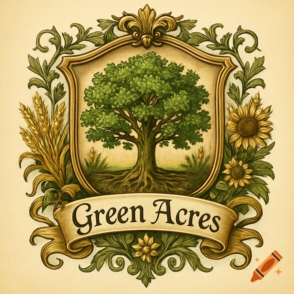 Heraldic logo featuring a green oak tree in a shield, flanked by wheat and sunflowers, with a banner reading 'Green Acres'.