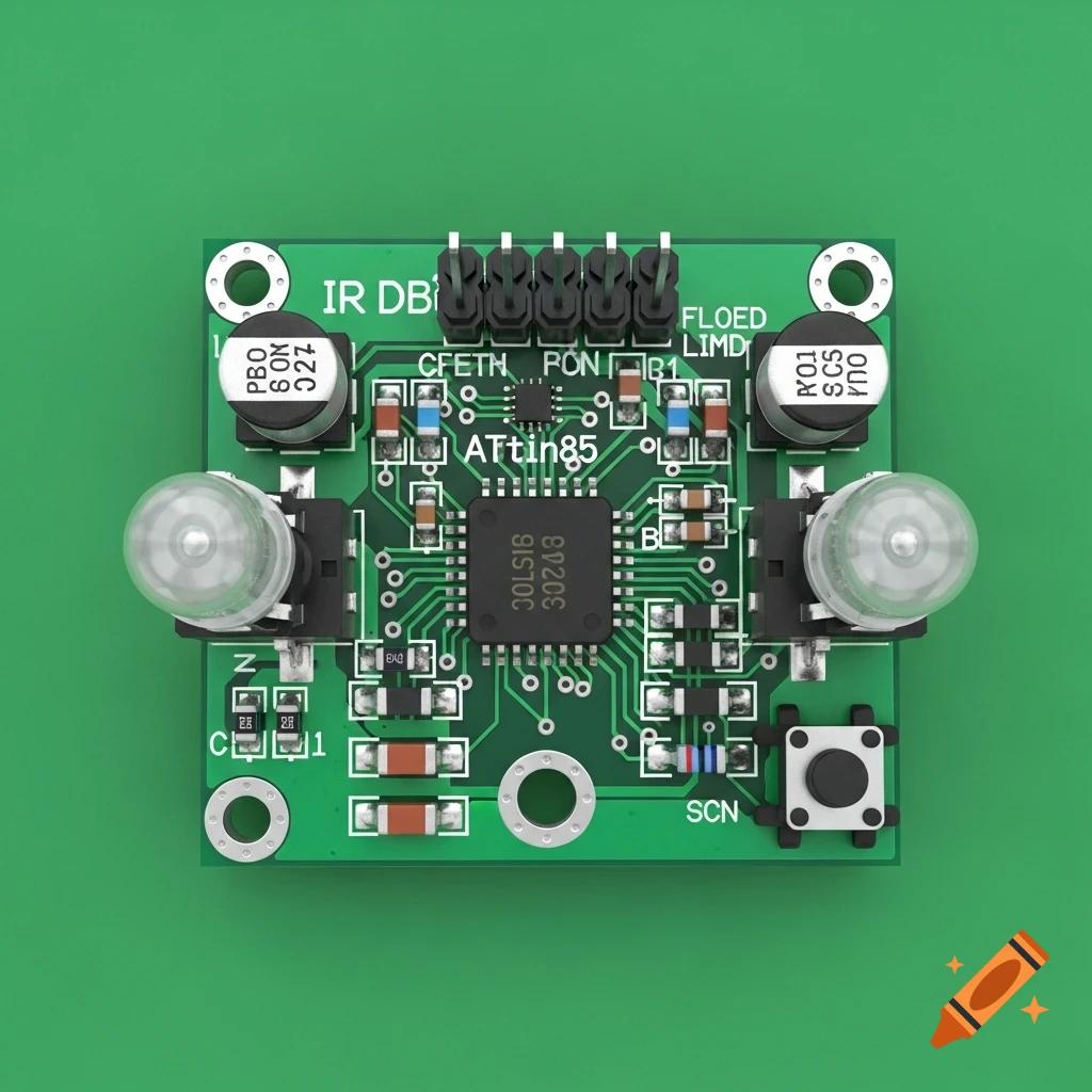Top-down view of a small green circuit board with various electronic components, including two IR LEDs, a microcontroller, and a pushbutton.