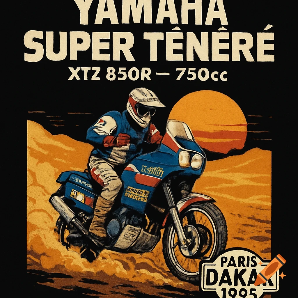 A retro-style illustration of a Yamaha Super Ténéré XTZ 850R 750cc motorcycle with a rider kicking up dust in the desert, under a setting sun. Text reads "YAMAHA SUPER TÉNÉRÉ XTZ 850R – 750cc PARIS DAKAR 1995".
