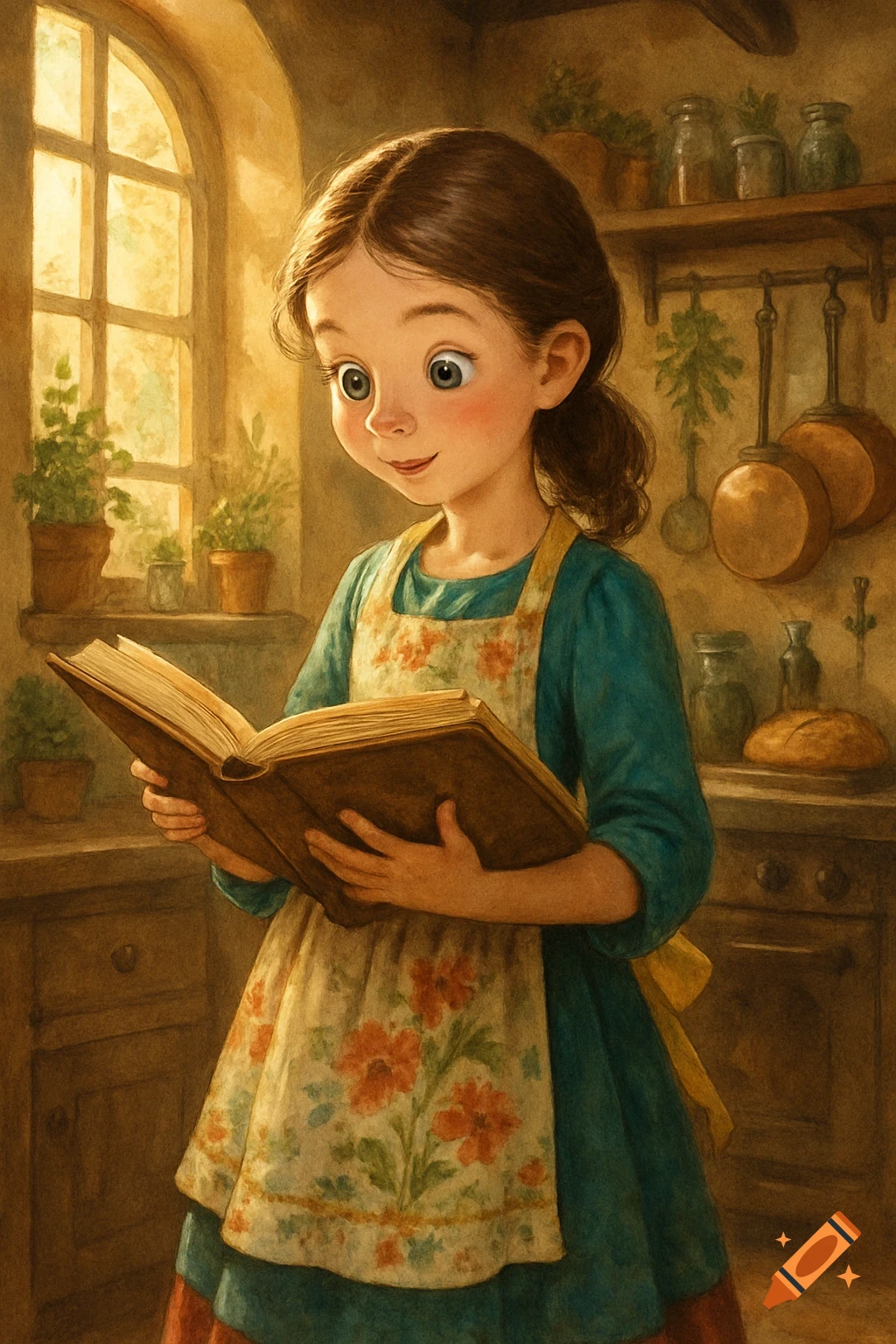 A young girl with dark hair reads a book in a sunlit, rustic kitchen, rendered in a warm, watercolor illustration style.