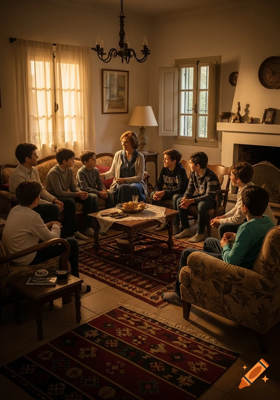 A mother sits with her sons in a warm, dimly lit living room, engaged in conversation. Photorealistic style.