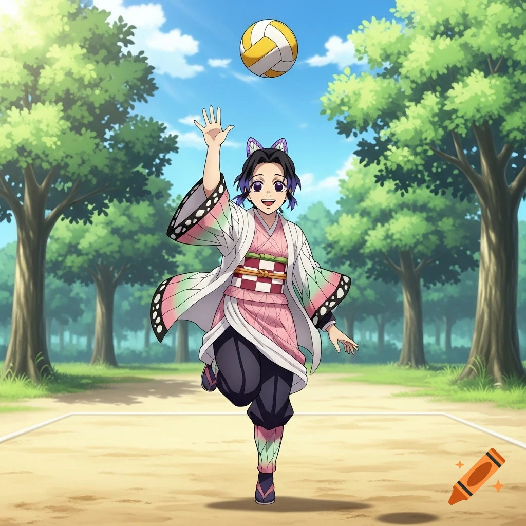 Anime character Shinobu Kocho plays volleyball on an outdoor court, reaching up to hit the ball.
