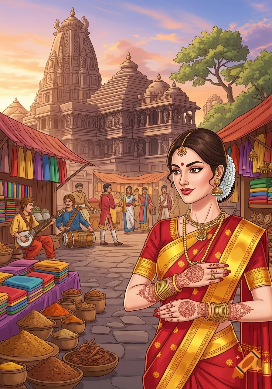 A beautiful Indian woman in a red sari with mehndi stands in a vibrant marketplace with a temple, spices, and musicians at sunset, cartoon style.
