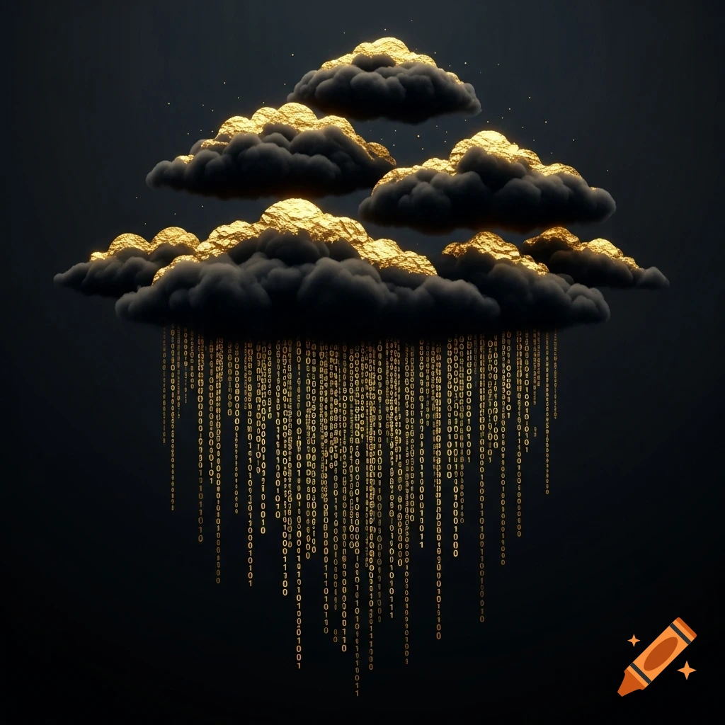 Stylized black clouds with golden highlights raining golden binary code ...