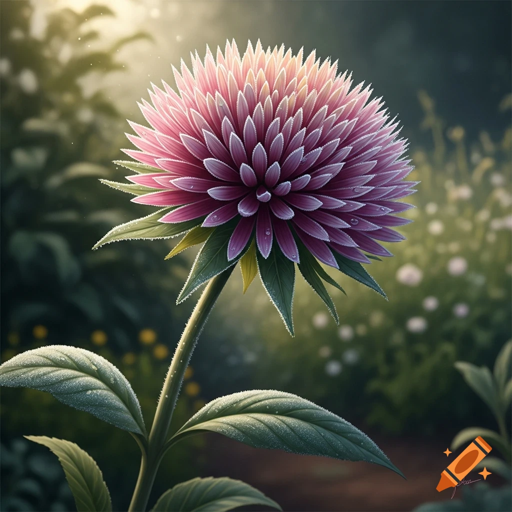 A detailed pink and purple flower with a large spiky head and long stem, covered in frost-like dew, against a soft green, sun-dappled background.