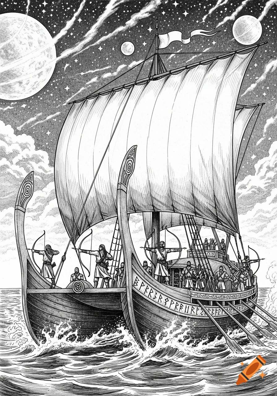 An intricate black and white ink drawing depicts a fantasy catamaran, crewed by archers with longbows, sailing on choppy seas under a starry sky with multiple moons.