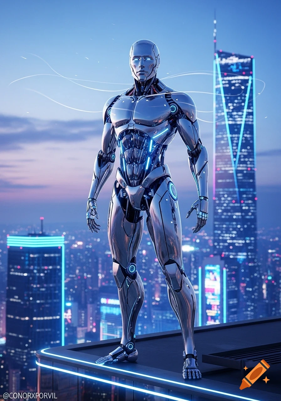 A sleek, metallic humanoid robot with glowing blue details stands on a skyscraper rooftop overlooking a futuristic city skyline.