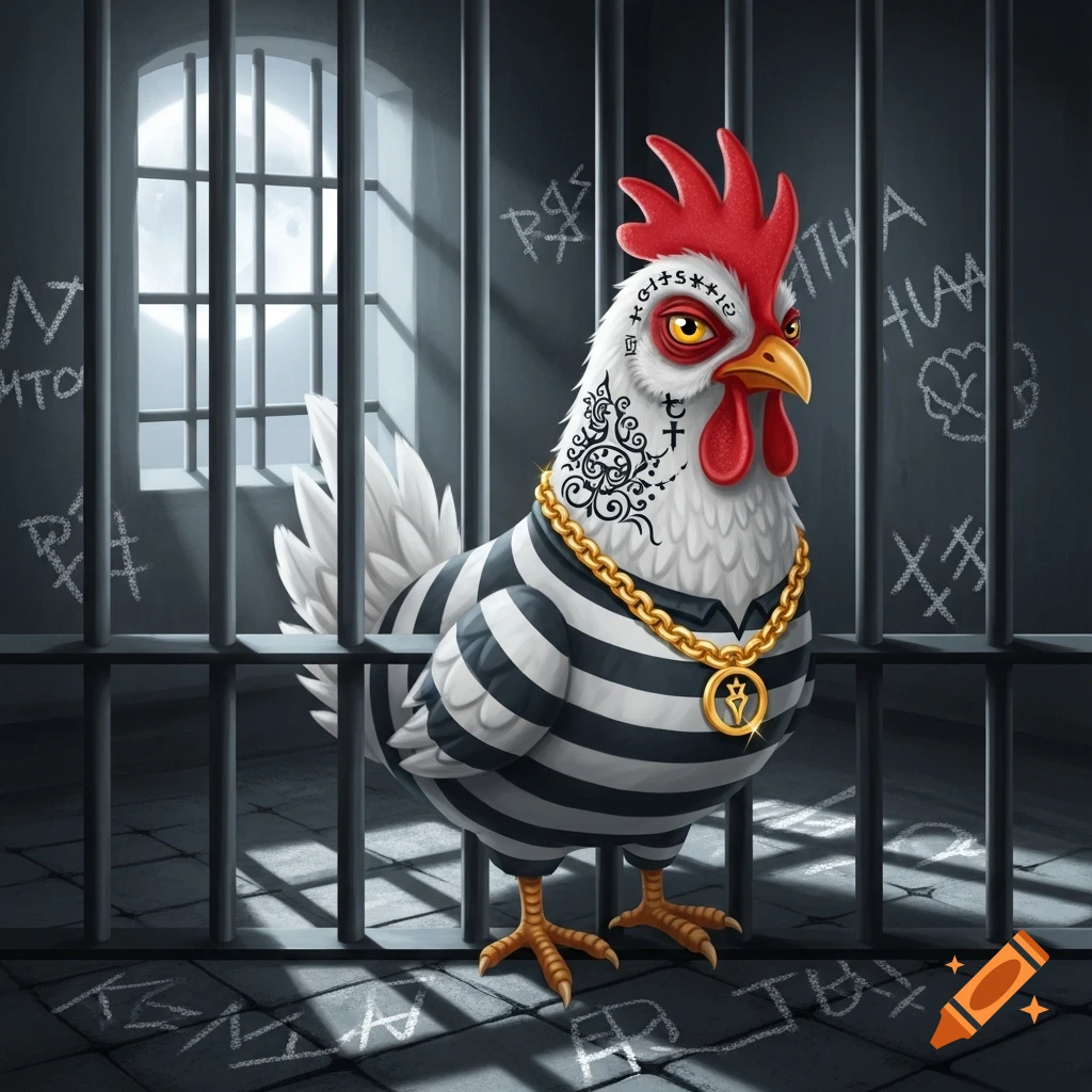 A cartoon chicken dressed in a black and white striped prison uniform, wearing a gold chain and tattoos, stands in a jail cell.