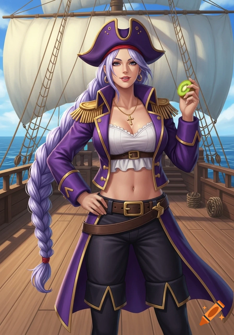 A confident purple-haired female pirate in a purple uniform stands on a ship deck, holding a kiwi, in a digital painting style.