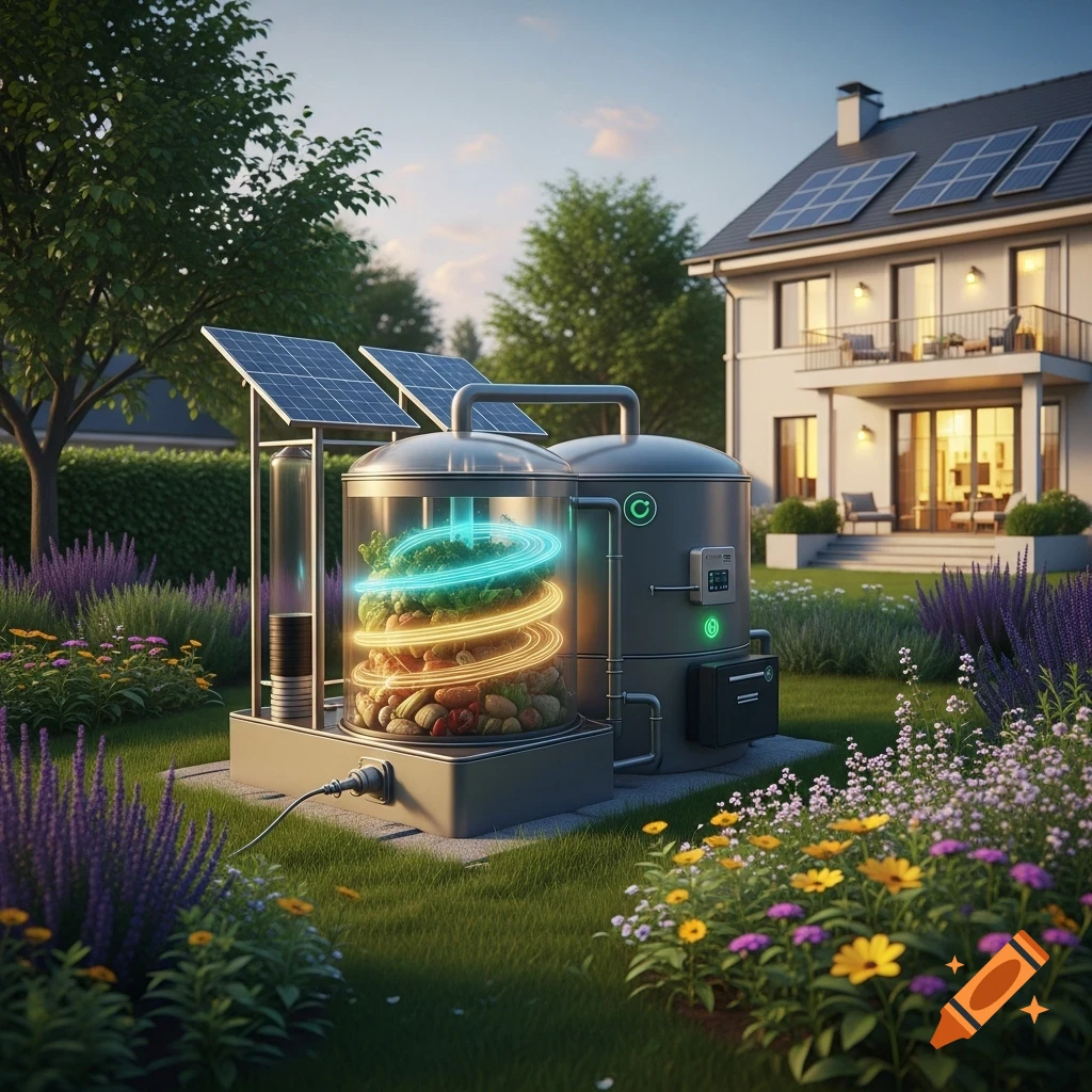 A futuristic house biogas plant in a lush garden next to a modern house with solar panels, converting waste into glowing energy.