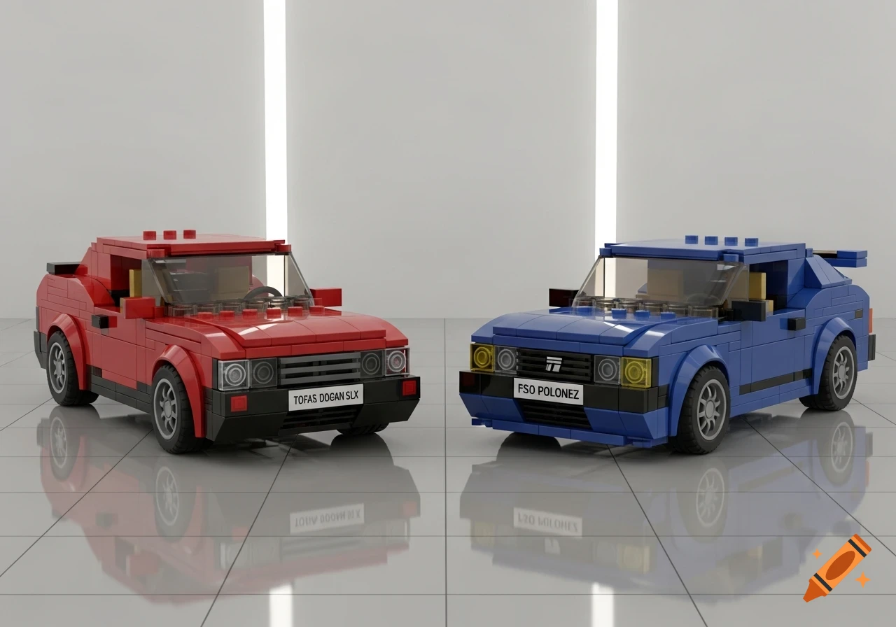 Two Lego cars, a red Tofas Dogan SLX and a blue FSO Polonez, are displayed on a glossy white floor in a studio setting.
