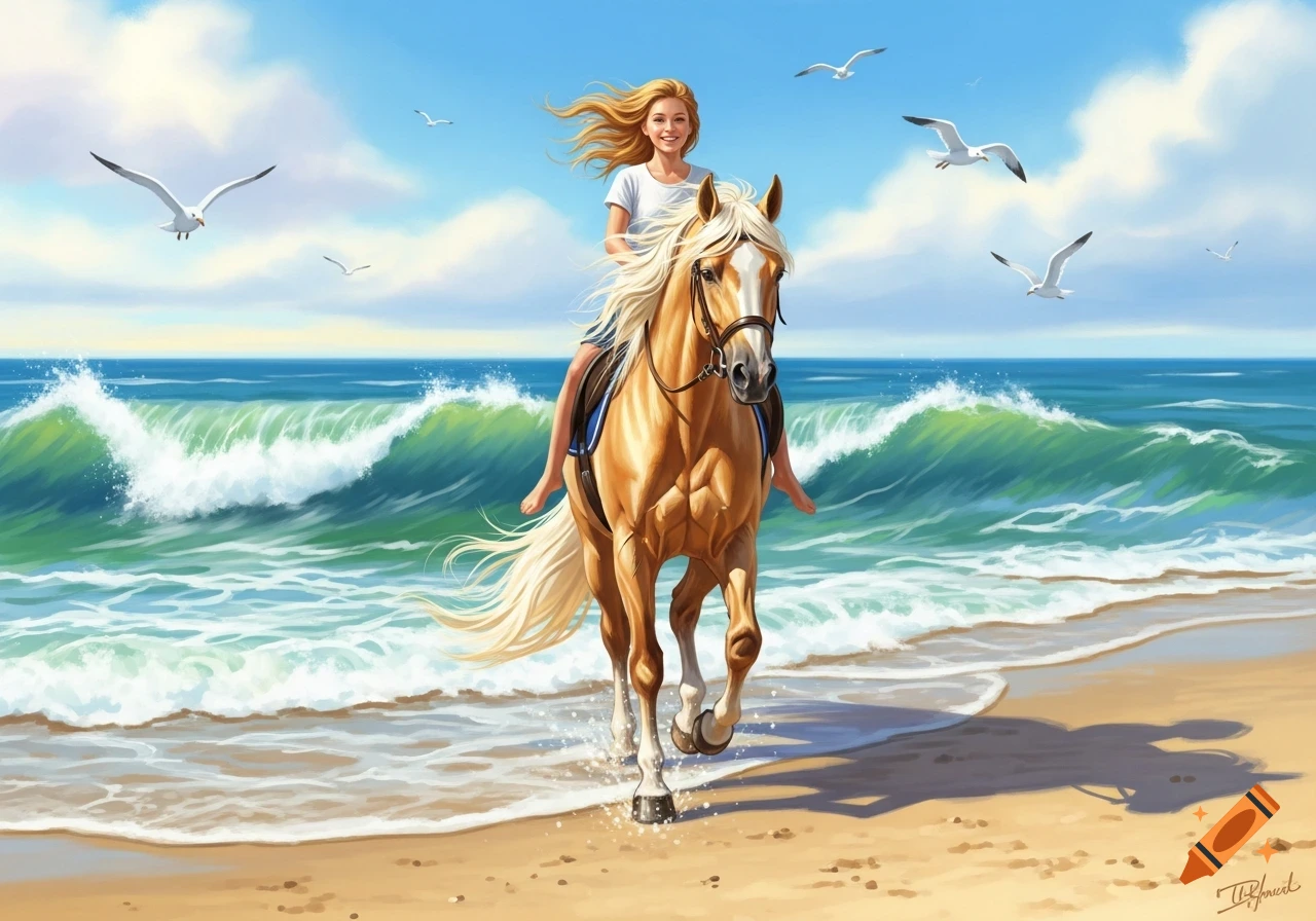 Smiling blonde girl rides a palomino horse through shallow ocean waves on a sunny beach, with seagulls flying in the sky. Digital painting.