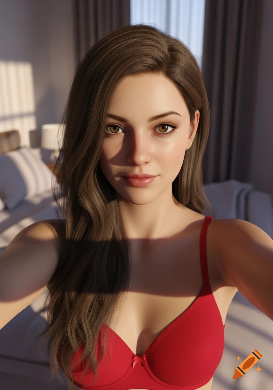 Photorealistic selfie of a young woman with long brown hair and hazel eyes, wearing a red bra in a sunlit bedroom.