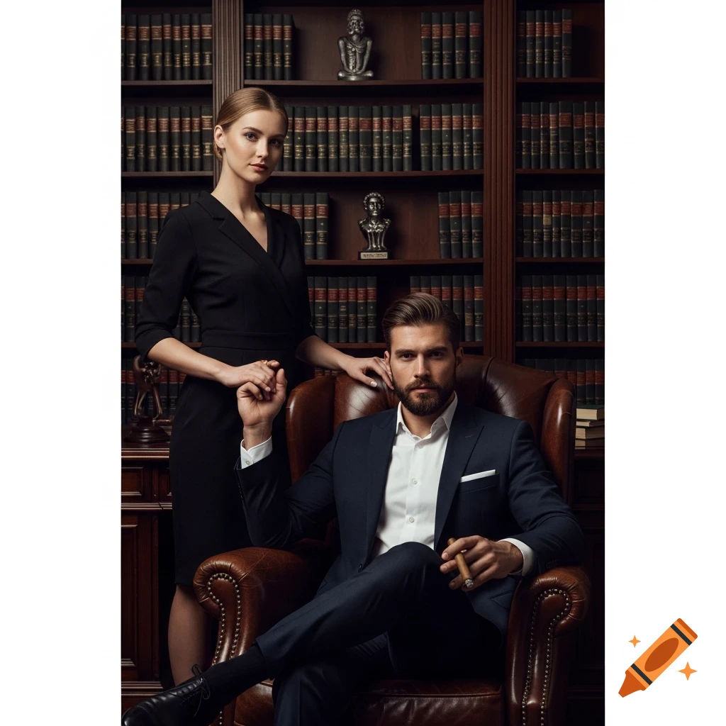 A man in a dark suit holding a cigar sits in a leather chair, while a woman in a black dress stands behind him in a luxurious library. Both look forward.