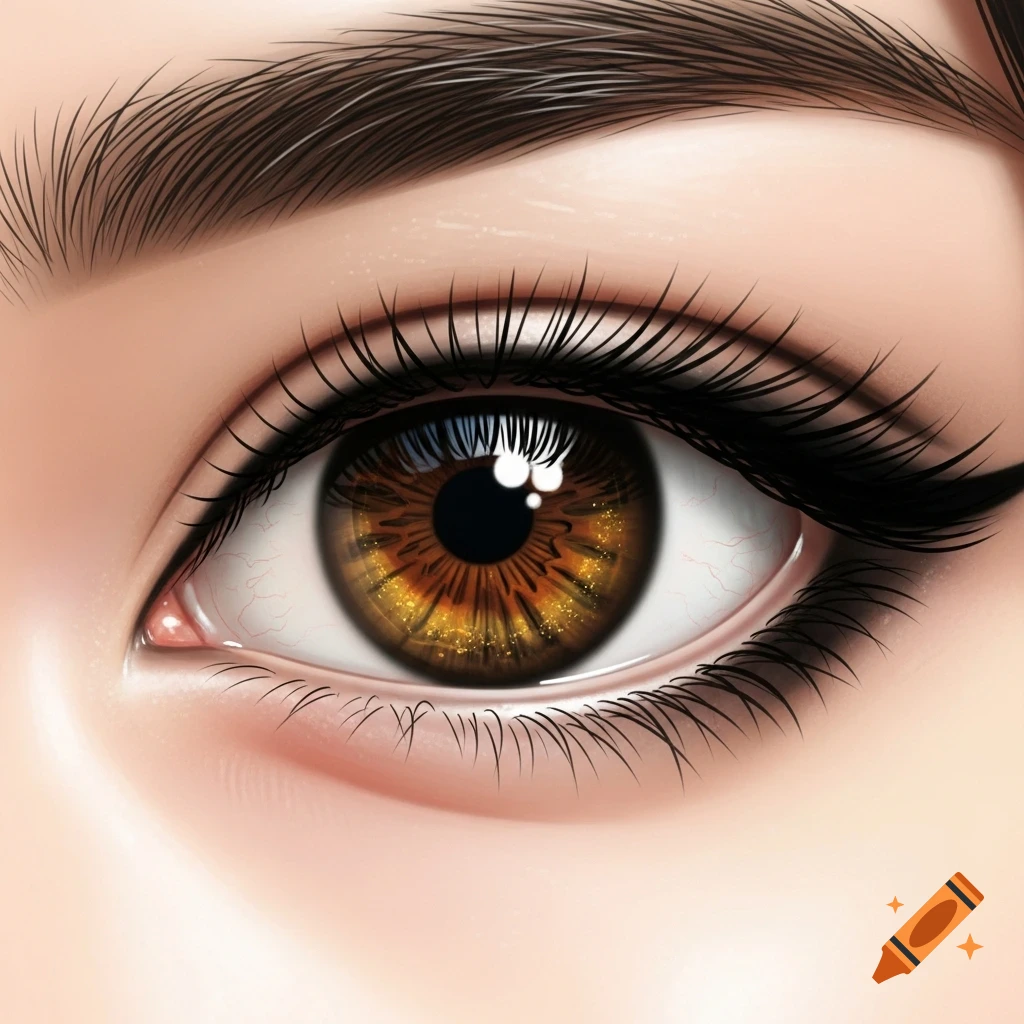 Close-up of a manga-style eye with hazel brown iris, long black eyelashes, and winged eyeliner.
