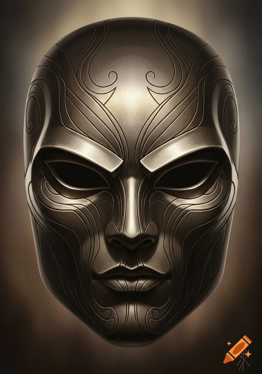 Ornate metallic mask with swirling decorative patterns and dramatic lighting.