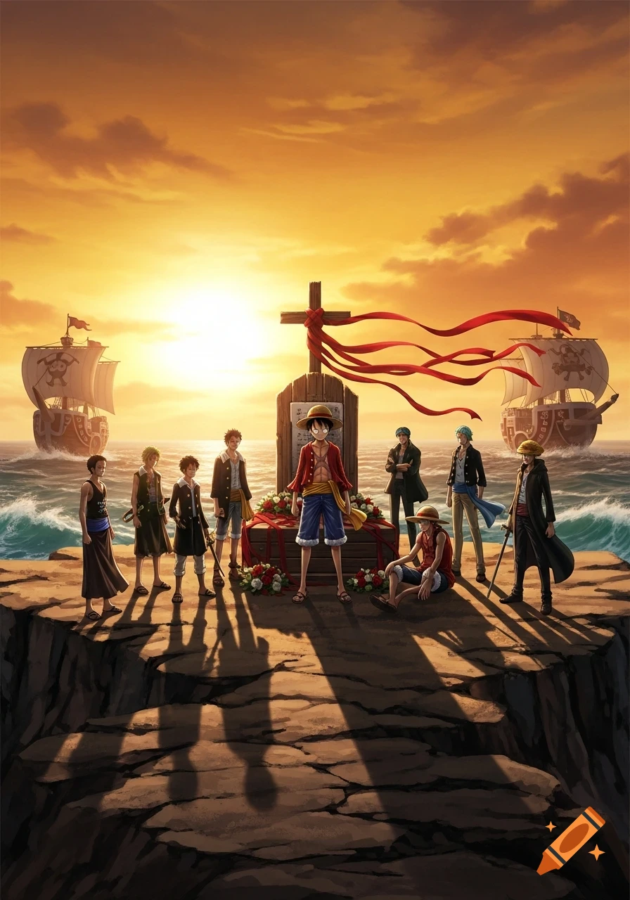 Anime characters from One Piece gather around a memorial cross on a cliff overlooking the sea at sunset, with pirate ships in the background.