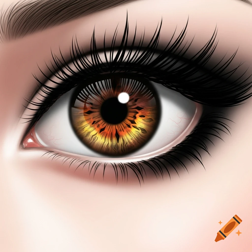 Close-up of a stylized anime eye with a fiery brown and orange iris, thick black eyelashes, and a subtle highlight.