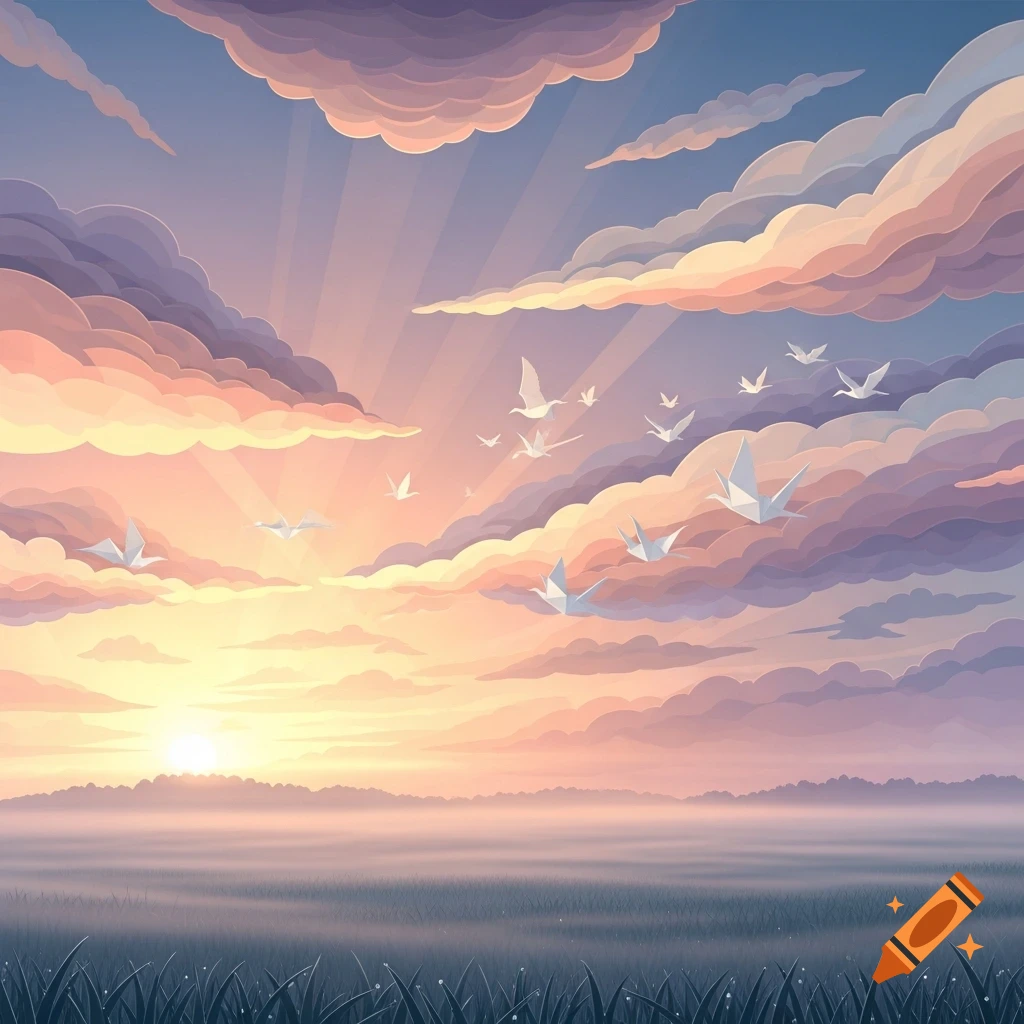 A stylized sunrise or sunset landscape with vibrant clouds in pinks and purples, sunrays, and numerous white origami birds flying over a misty field.