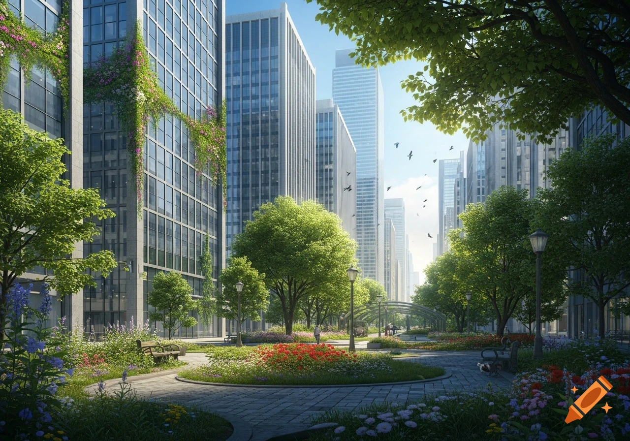A vibrant city park with lush green trees, colorful flower beds, and paved paths nestled between modern skyscrapers under a bright sky.