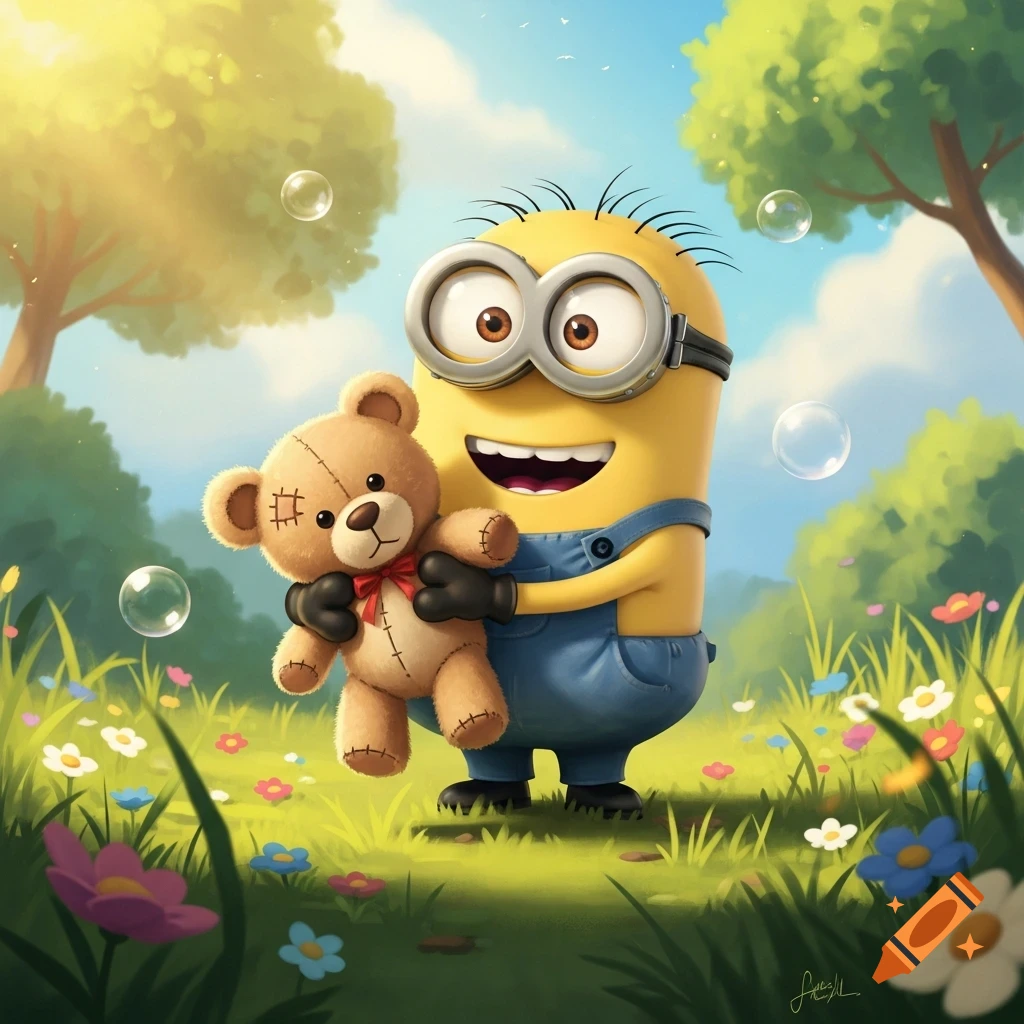 A happy Minion in overalls holds a teddy bear in a sunny, grassy field with colorful flowers and bubbles in a cartoon style.