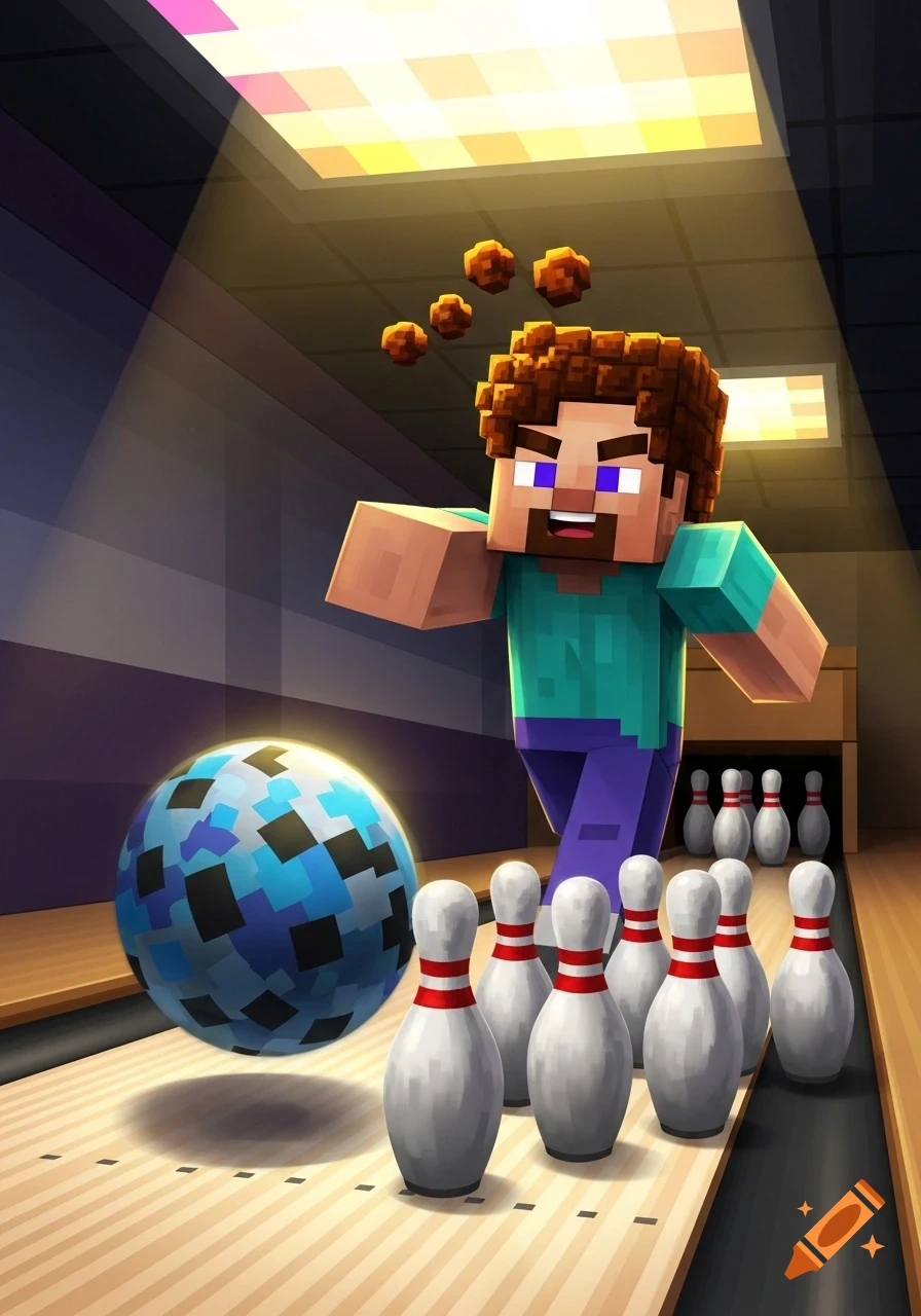Minecraft's Steve bowls a blue pixelated ball down a lane toward white pins, in a stylized game rendering.