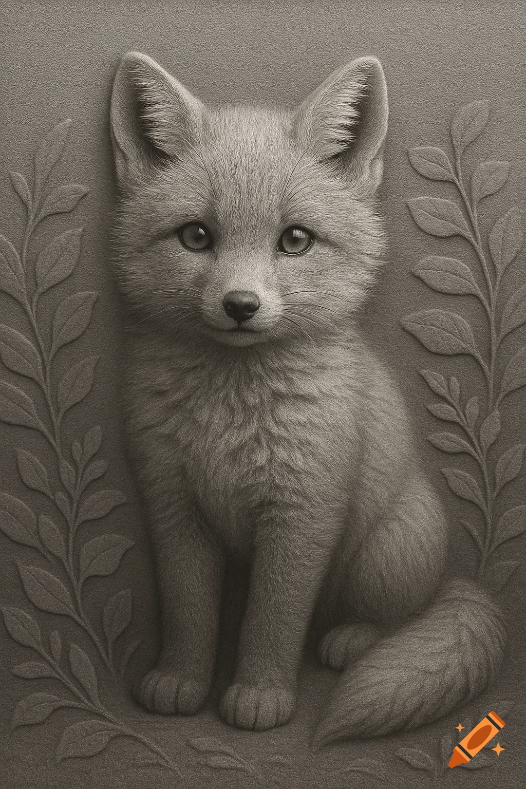 Grayscale depth map of a cute fox with detailed fur, sitting between two stylized leaf branches.