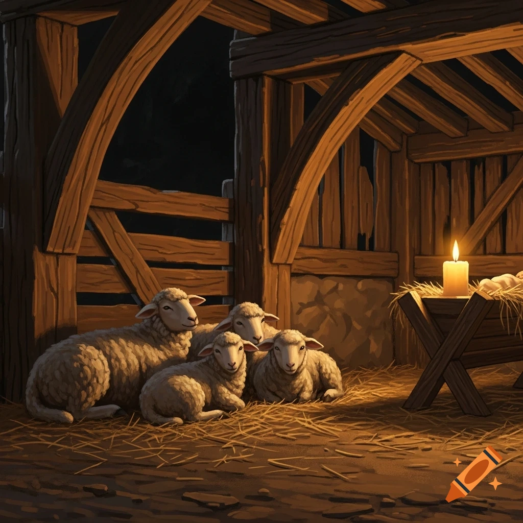 Four sheep resting on straw in a dimly lit wooden barn, with a glowing candle on a manger-like structure.