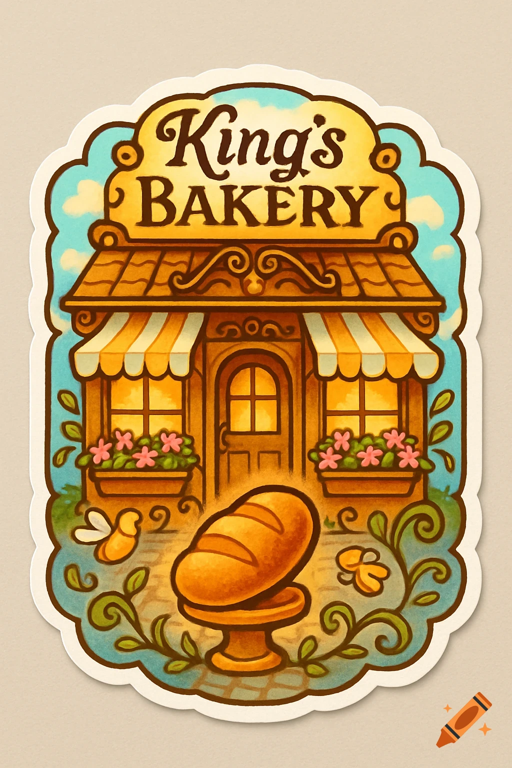 Cartoon illustration of King's Bakery with a loaf of bread on a pedestal in front.