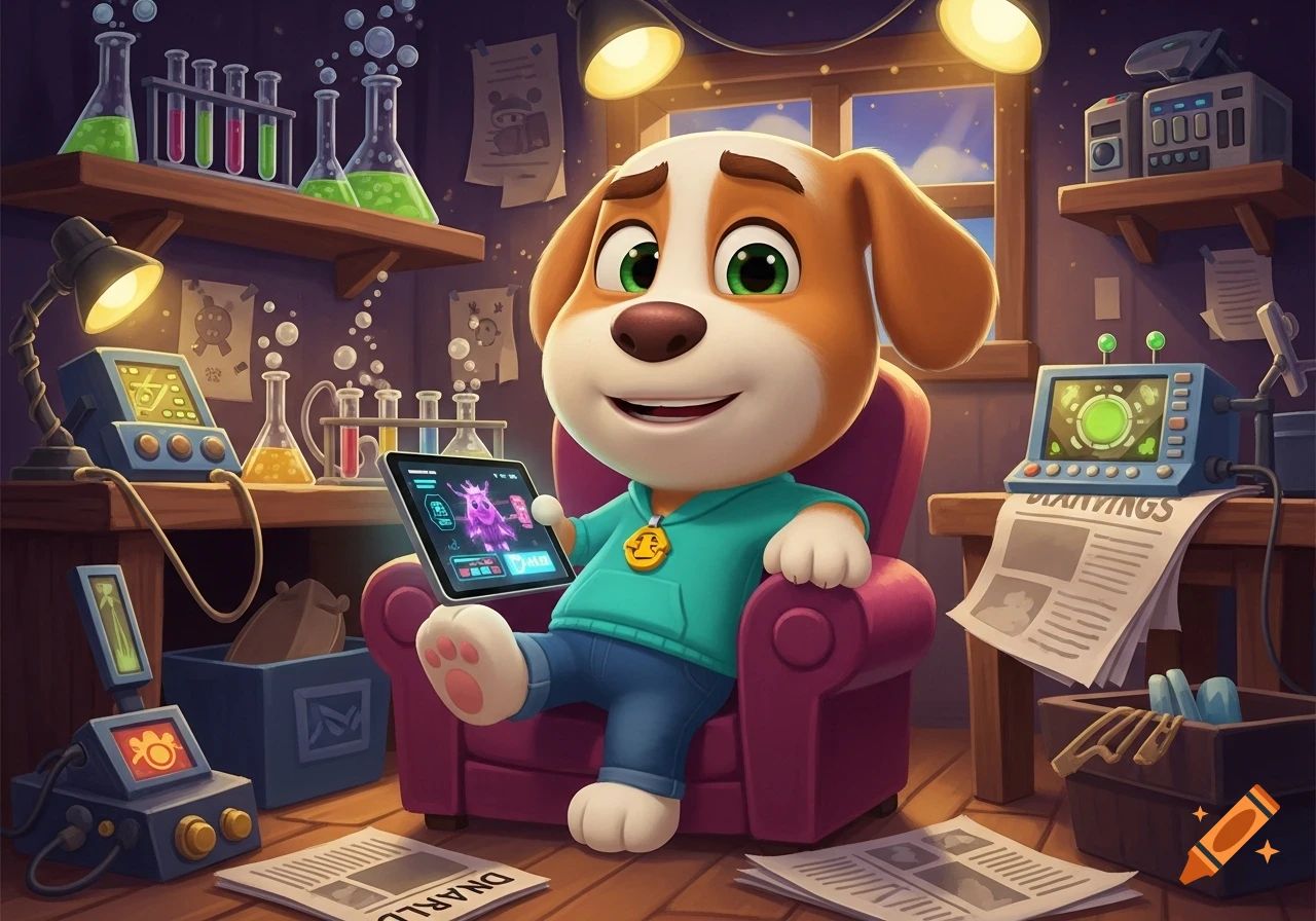 A cartoon dog in a lab coat sits in a chair, smiling and holding a tablet displaying a purple monster.
