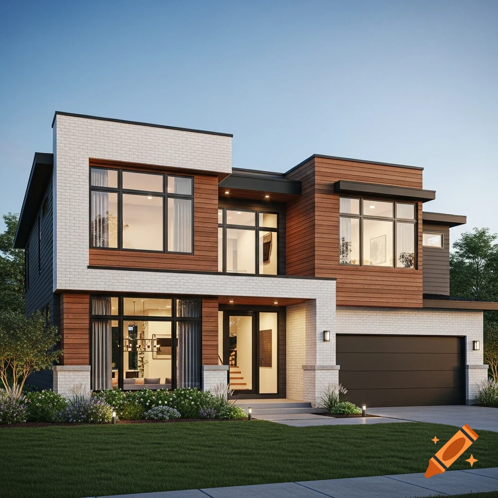 Photorealistic modern two-story house with white brick and cedar siding, a dark garage, and landscaping.