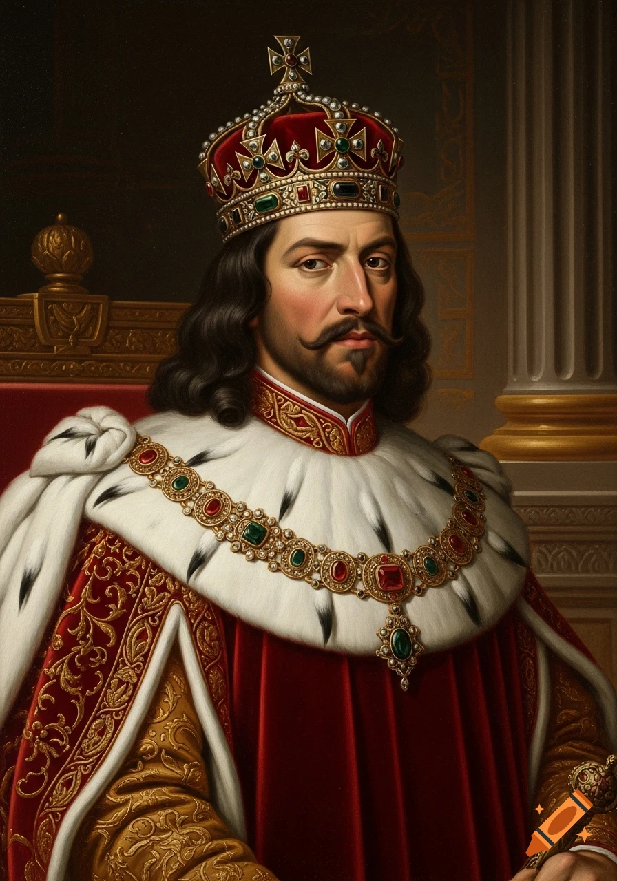 Renaissance oil painting portrait of a king with dark hair, mustache, beard, wearing a jeweled crown and rich red and gold robes.