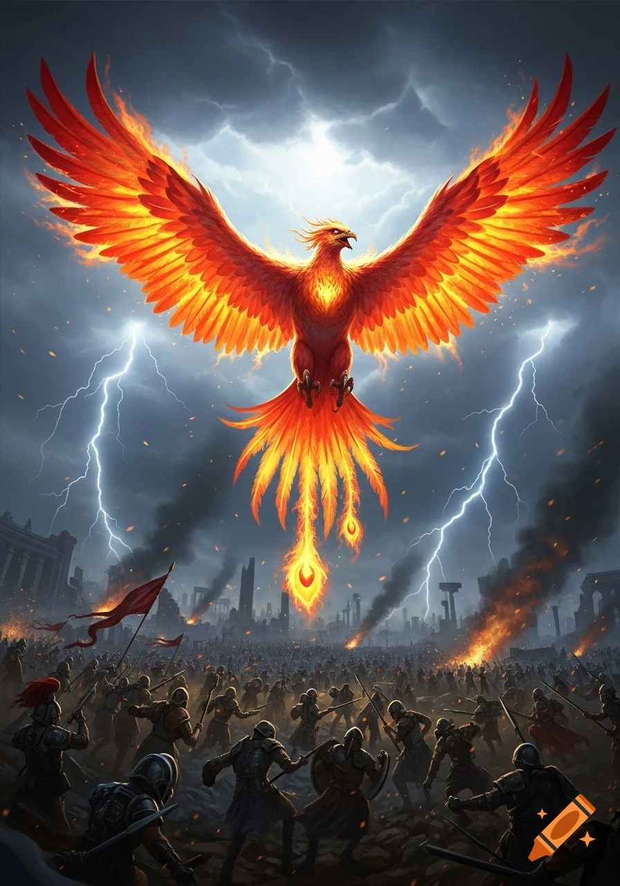 A large, fiery phoenix with bright orange wings soars above a massive battle in a ruined city under a stormy, lightning-filled sky.