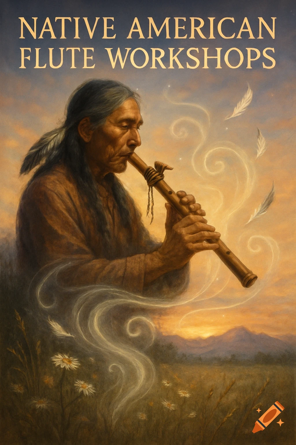 Elderly Native American man plays a flute in a field at sunset, with swirling spiritual smoke, feathers, and text 'NATIVE AMERICAN FLUTE WORKSHOPS'.