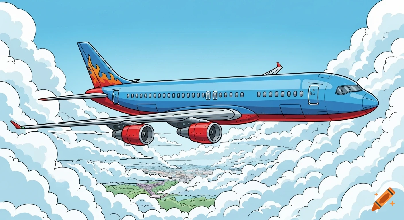 A blue and red cartoon airplane with flames on its tail flies horizontally through white clouds, with a city visible below.