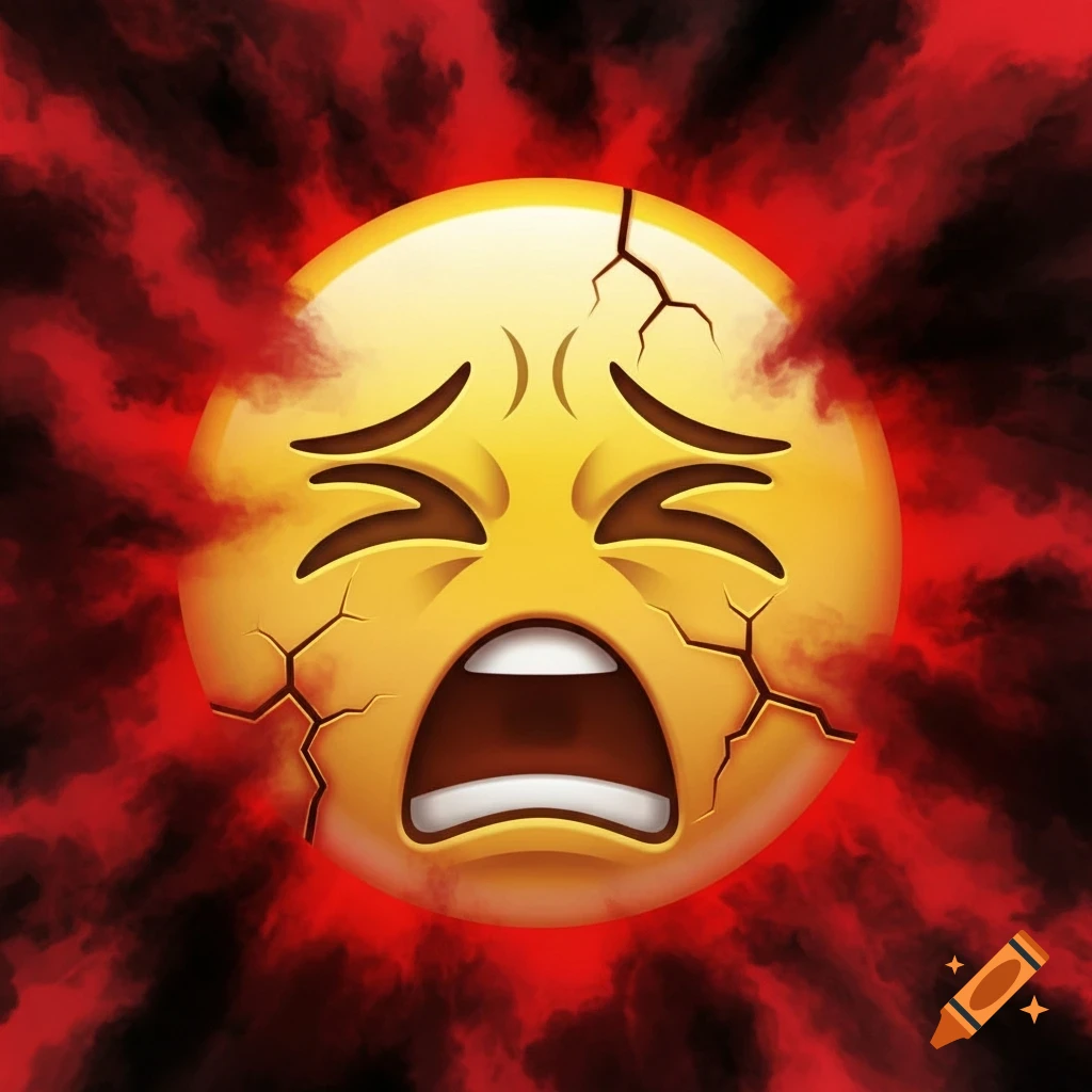 A cracked, crying yellow emoji face screaming in agony, surrounded by swirling red and black smoke.